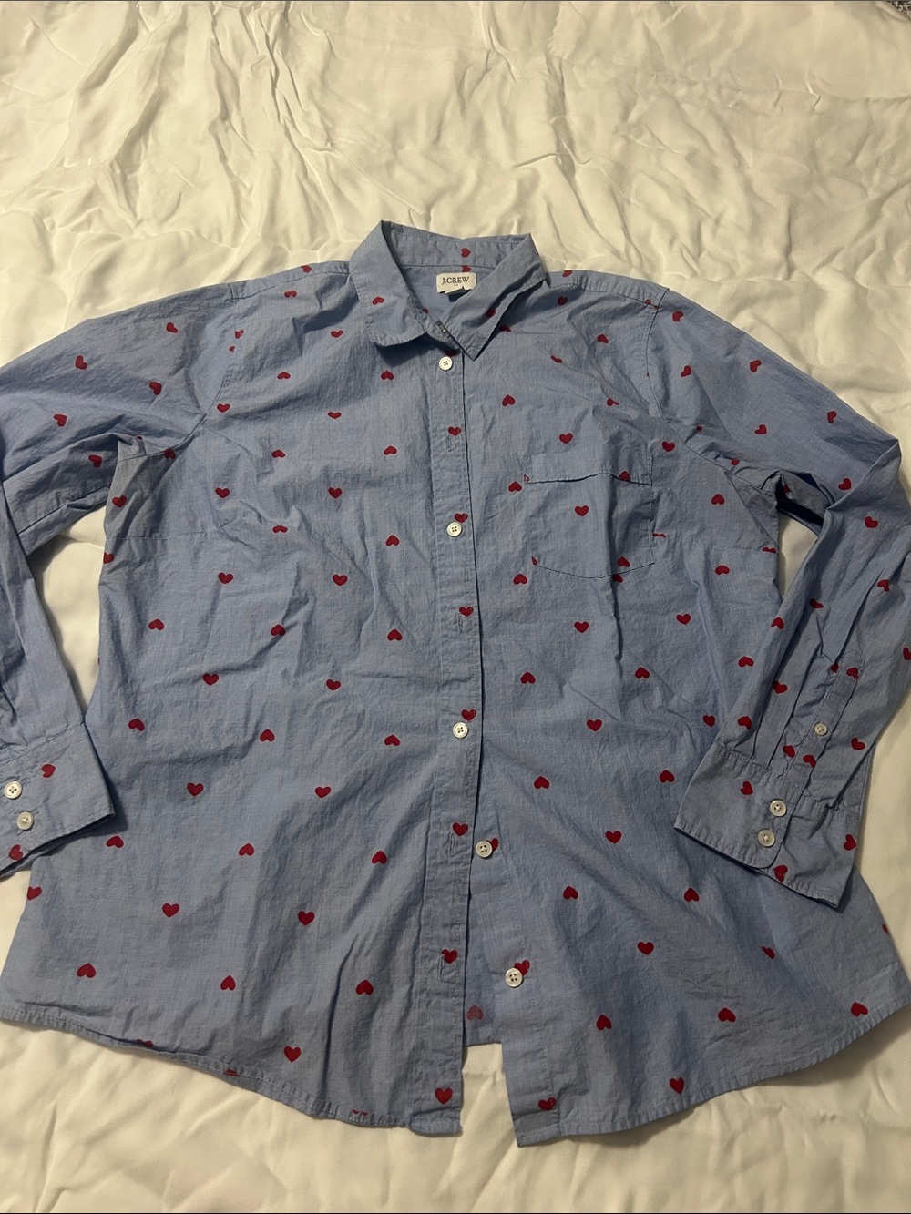 J. Crew Light Blue Button-Down Shirt with Red Heart Print